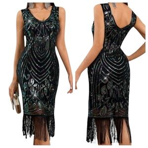 Women’s Large 1920s Vintage Black Flapper Dress Holiday Party or New Years Eve